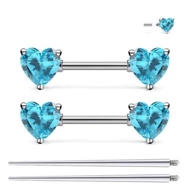 Imagem de Ruifan Piercing de mamilo de titânio roscado internamente anel coração oceano azul CZ língua anéis de barra reta piercing corporal joias para mulheres homens 14G 14 mm com cone de piercing reto