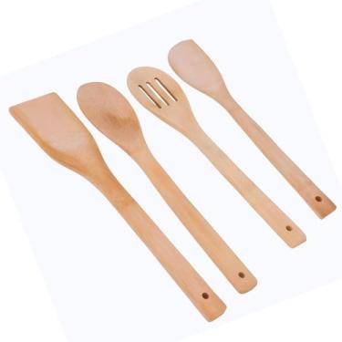 Imagem de Kit 4 Utensílios de Bambu Natural com Espátulas E Colheres Cozinha Con