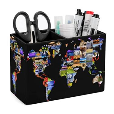 Imagem de Porta-lápis para mesa, mapa-múndi para armazenamento, mesa, organizador de canetas, organizador de lápis de mesa, suporte de pincéis de maquiagem para escritório, escola, faculdade, couro