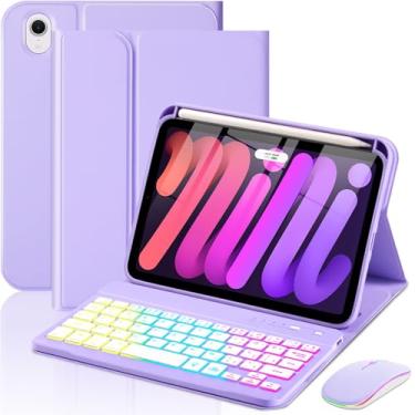 Imagem de EAMPANG Capa com teclado e mouse para iPad mini 7th (A17 Pro, 2024)/6ª geração, 21.1 cm, 7 cores, arco-íris, retroiluminação, destacável, USB-C e compartimento para caneta para iPad mini 6 7 - roxo