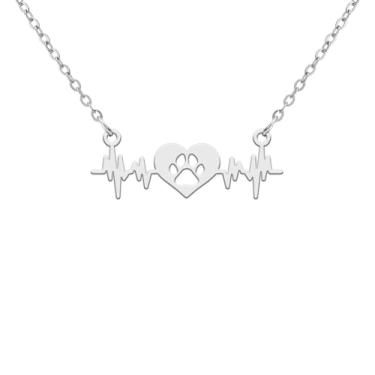 Imagem de PDOUSELF Colar memorial de animais de estimação, com estampa de pata, pingente de batimento cardíaco, com estampa de gato, cachorro, pata, 20, Aço inoxidável, Sem Pedra Preciosa