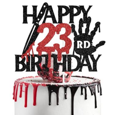 Imagem de Black Glitter Killer Happy 23rd Birthday Cake Topper, Halloween Zombie Vampire Bloody Friday Birthday Décor, Halloween Horror Themed 23rd Birthday Party Decorations
