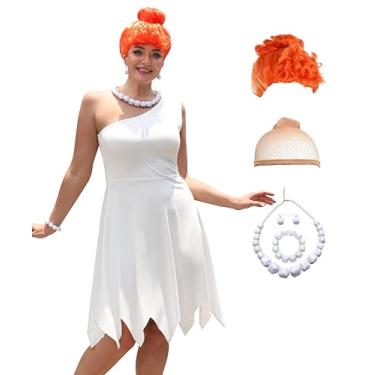 Imagem de ALIREVERIE Vestido feminino Wlima Fliintstone branco para cosplay tamanho grande Halloween com brincos GG