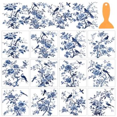 Imagem de AHANDMAKER 12 folhas de adesivos de transferência pássaro azul com ramos esfregar, adesivos de janela de flores, adesivos de decoração de casa para sala de estudo, livraria, cafeteria, porcelana de