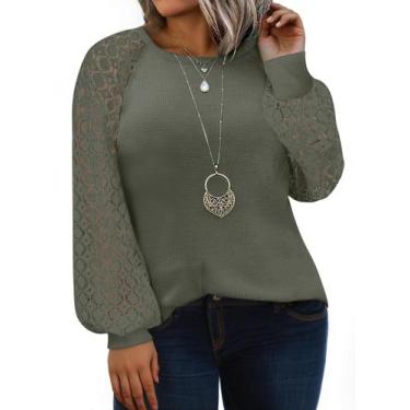 Imagem de Camisa feminina Eytino plus size de renda de manga comprida verde 2X