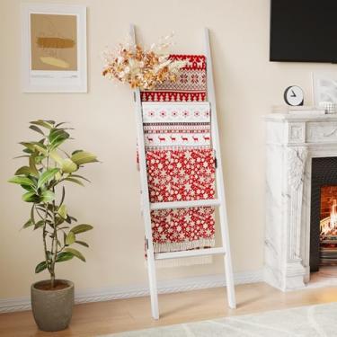 Imagem de EleganfurHony Toalheiro de bambu com 5 camadas para sala de estar, quarto, banheiro, escada decorativa para colchas, toalhas e mais branco