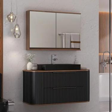 Imagem de Gabinete de Banheiro Ripado 100cm C/Curvo Cuba e Espelheira (Cacau/Preto)