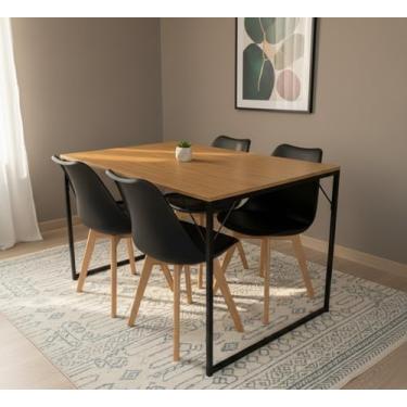 Imagem de Conjunto Mesa de Jantar Retangular com Pés de Ferro + 4 Cadeiras Estofadas Leda (Mesa Freijó/Cadeiras Pretas)