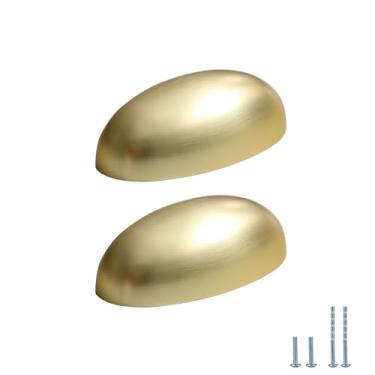 Imagem de Evionlin 2 peças de ferragens de armário de cozinha, puxadores e puxadores de gaveta de copo de latão escovado - Puxadores de gaveta de copo central com orifício de 6 cm