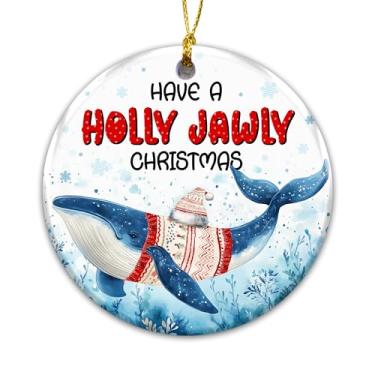 Imagem de Ornamento de baleia 2025, enfeite de Natal de mandíbula de azevinho – decoração divertida de férias de cerâmica de vida marinha, baleia fofa em suéter e chapéu de Papai Noel, presente náutico para