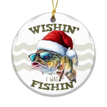 Imagem de Wishin' I was Fishin' Ornamento 2025 – Enfeites de pesca engraçados para homens, pai, marido ou avô – Enfeite de Natal de pescador com design de chapéu de Papai Noel, presente de pescador ao ar livre