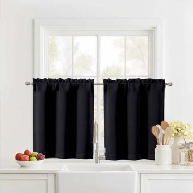 Imagem de Ebesto Cortinas curtas pretas de 61 cm de comprimento, 2 painéis, cortinas de janela de cozinha com isolamento térmico sobre a pia, camadas de cortina de café com bolso de haste de meia janela para