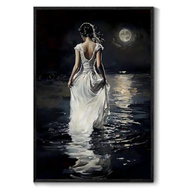 Imagem de Moody Woman Wall Art Dark Woman Impressão Lago Vintage Back Women Picture Gothic Cottagecore Poster Dark Academia Wall Art Lady In The Lake Arte Moody Victorian Picture Sala de estar 40 x 61 cm Sem