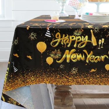 Imagem de 1 pacote com toalha de mesa feliz ano novo, capas de mesa pretas e douradas com uma faixa horizontal dourada no meio, toalha de mesa retangular descartável para festa de fim de ano