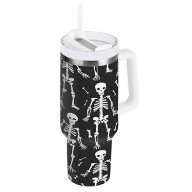 Imagem de STAYTOP Copo de caveira fofo de 850 g com tampa e canudo, à prova de vazamento, durável, copo isolado de aço inoxidável com alça, garrafas de água à prova de derramamento para viagens