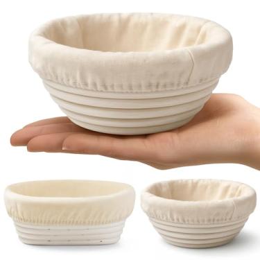Imagem de Fanfanwin Pacote com 2 cestos à prova de pão com forros, cestos Banneton, tigelas à prova de massa para pão de fermento doméstico (Oval+redondo)