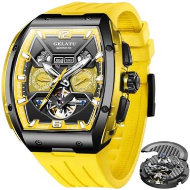 Imagem de OLEVS GELATU Relógio masculino turbilhão automático, relógio de pulso esqueleto, mecânico, corda automática, 50 m, à prova d'água, cristal de safira, relógios masculinos quadrados, amarelo/branco