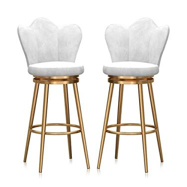 Imagem de Conjunto de 2 bancos de bar giratórios acolchoados de veludo com pernas de metal dourado, bancos de bar modernos de meados do século, encosto baixo para cozinha, ilha, casa, pub, cadeiras de café da