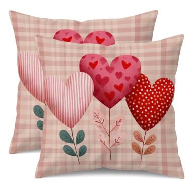 Imagem de UZFNY Conjunto de 2 capas de almofada de coração para dia dos namorados, 45,7 x 45,7 cm, xadrez vermelho, rosa, coração, primavera, fazenda, capas de almofada para sofá, cama, decoração de casa