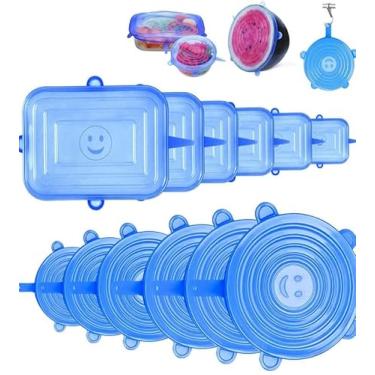 Imagem de Tampas elásticas de silicone azul, conjunto de 6 peças de capas elásticas para alimentos, tampas herméticas para louças e frutas (serve para 6 a 21,6 cm de diâmetro) (quadrado)