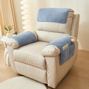 Imagem de Capas para poltronas com protetores de encosto de cabeça para poltronas reclináveis ​​e bolsos de armazenamento. Capa antiderrapante para encosto de cabeça, capa felpuda para sofá