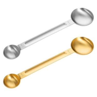 Imagem de XLIUAX 2 colheres de sopa de dupla face, colher de medição de aço inoxidável, colher de café de cabo longo, 1 colher de chá (5 ml) e 1 colher de sopa (15 ml), medida dupla para café, leite, cozimento