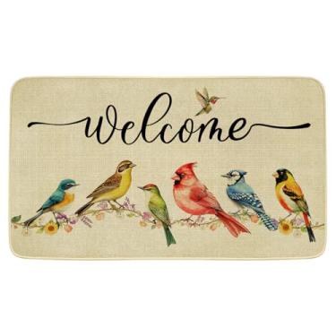 Imagem de JWXCBIM Tapete de porta de primavera, decoração de boas-vindas floral, decoração de flores de verão, tapete antiderrapante para entrada de casa, entrada externa, piso, pátio 43 x 76 cm (pássaro