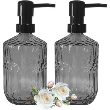 Imagem de Dispensador de sabão de vidro com bomba de plástico, conjunto de dispensador de sabão líquido de vidro recarregável de 425 g, dispensadores de loção para decoração de casa moderna, banheiro, bancada