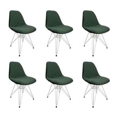 Imagem de Kit 6 Cadeiras Jantar Estofadas Verde Eiffel Eames Base Ferro Branco - Cor: Verde