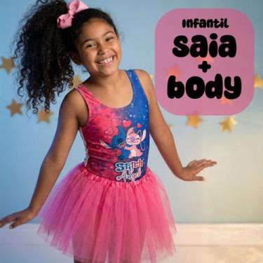 Imagem de Conjunto Saia De Tule e Body Collant Infantil Stitch Azul e Angel Rosa