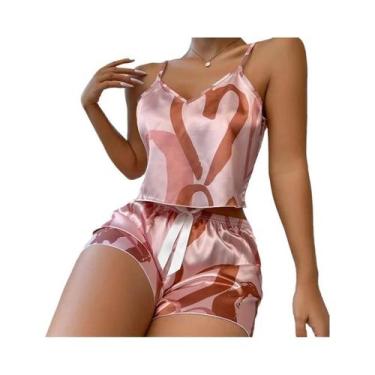 Imagem de Conjunto De Pijama Sexy Feminino Com Decote Em V Em Cetim, Estampa De 