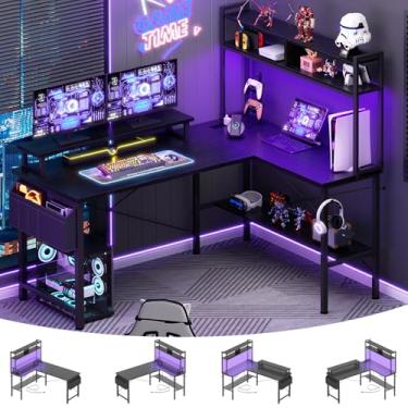 Imagem de Aheaplus Mesa de jogos em forma de L com tomadas elétricas e luzes LED, mesa pequena em forma de L para computador com suporte para monitor e prateleira de armazenamento, mesa de escritório em casa
