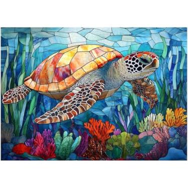 Imagem de Sea Turtles Puzzles for Adults 1000 Pieces, PICKFORU Stained Glass Ocean Beach Jigsaw Puzzles, Difficult Unique Animals Puzzle