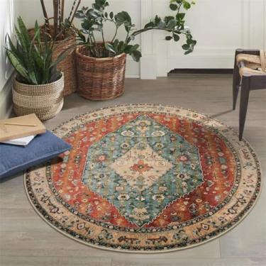 Imagem de ESSMOKO Tapete Étnico Redondo Tapete Retrô Tapete Quarto Sala de Estar Tapete Lavável na Máquina Fácil de Cuidar Tapete de Caxemira Artística, Laranja, 100 cm