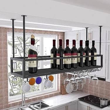 Imagem de Rack de vinho suspenso com suporte de vidro e prateleira, rack de vidro de teto de metal ajustável, suporte de garrafa de vinho pendurado industrial, para bar café cozinha (cor: preto, tamanho: 80 x