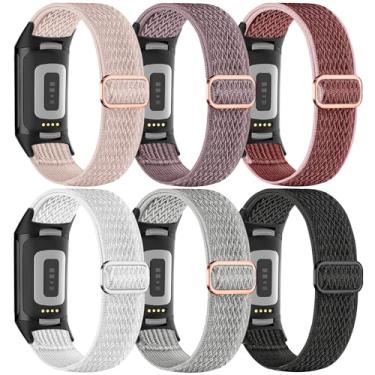 Imagem de EverAct Pacote com 6 pulseiras elásticas de nylon compatível com Fitbit Charge 6/Fitbit Charge 5, pulseira esportiva para relógio Charge 5/6, Pacote com 6 - 1, 5.5 '' - 9.5 ''