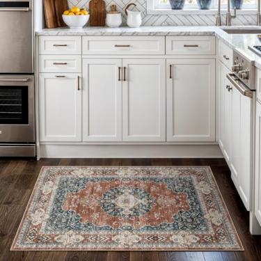Imagem de Tapete pequeno lavável 2x3 para entrada: tapetes de área oriental vintage para interior tapete de porta resistente a manchas com suporte antiderrapante tapete fino de pilha baixa para banheiro (2x3