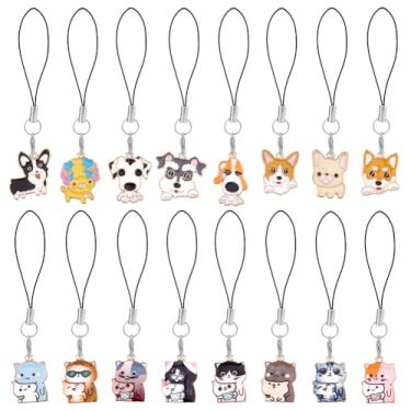 Imagem de DICOSMETIC 16 peças de alça de pulso para telefone, berloques fofos para celular, berloques de animais, alça kawaii, chaveiro para celular, cachorro, gato, pingentes, acessórios para bolsa, mochila