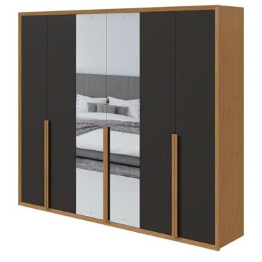 Imagem de Guarda-roupa Casal Unique 6 Portas 5 Gavetas Com Espelho Amêndoa Clean/preto Fosco