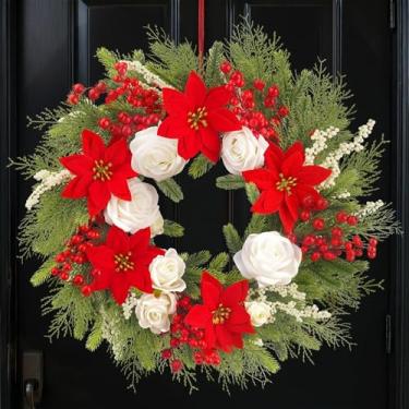 Imagem de NAHUAA Guirlanda de Natal de 48 cm, poinsétias falsas, flores artificiais de Natal com pinheiro rechonchudo e frutas vermelhas, guirlandas de Natal para porta da frente, decoração de inverno, janela