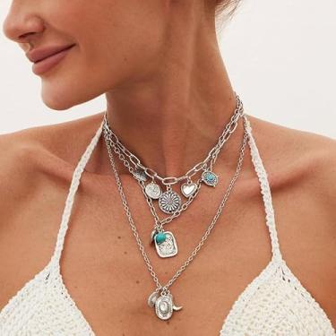Imagem de Colar em camadas ocidental para mulheres, boho, prata, empilhável, conjunto de joias vaqueira, várias camadas, pingente ocidental, Medium, Latão, Sem Pedra Preciosa
