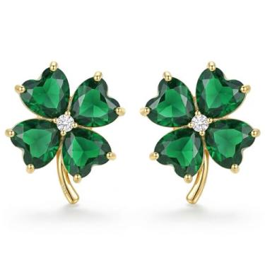 Imagem de Brincos de trevo de Dia de São Patrício banhados a prata 925, brincos de trevo de quatro folhas com coração verde com strass para mulheres, acessórios de joias da sorte de São Patrício, brincos de