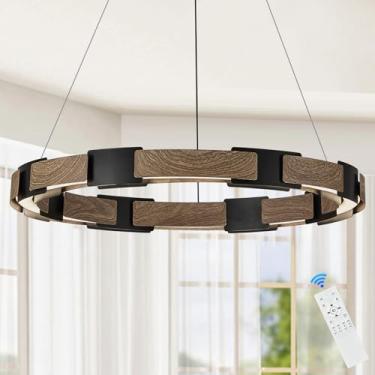 Imagem de Lustre de anel de LED regulável preto e madeira para sala de jantar Lustres circulares de 61 cm Lustres redondos modernos de LED luminária para entrada, quarto, cozinha, casa, escritório, sala de
