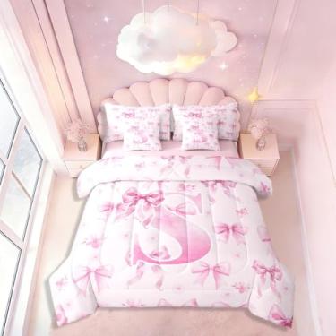 Imagem de Conjunto de cama casal com letra P, 7 peças, linda cama com laço kawaii em uma bolsa, conjunto de cama com laço rosa inclui edredom, conjunto de lençol, fronhas e fronhas, decoração de quarto estilo