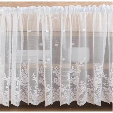 Imagem de Cortinas de cozinha elegantes de renda, painéis brancos transparentes de meia janela, cortinas de camada curta bordadas florais para cozinha, banheiro, design de bolso de haste