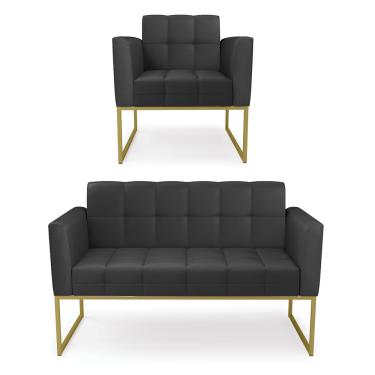 Imagem de Kit 1 Sofá Namoradeira e 1 Poltrona Elisa Corino Preto Base Metálica Industrial Dourado D03 - D'Rossi