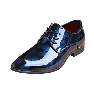 Imagem de Sapato masculino moderno de negócios bico fino floral couro envernizado cadarço Oxford preto marrom vermelho cinza, Flor azul, 9