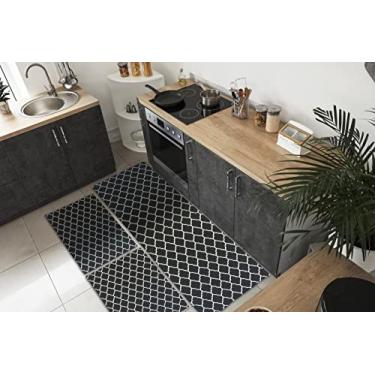 Imagem de Kit Tapetes e Passadeira Antiderrapante Para Cozinha 3 Peças Arabesco Preto e Branco