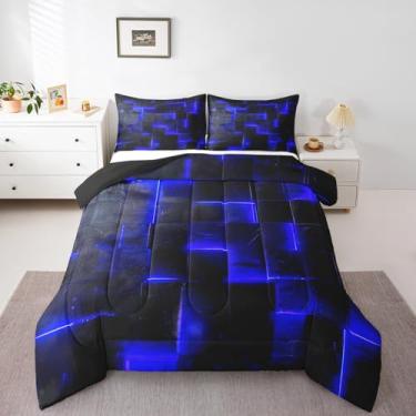 Imagem de Jogo de cama solteiro azul marinho preto brilhante 3D búfalo moderno, arte abstrata, geométrico, xadrez, gradiente, futurista, cubos, edredom (preto reversível)