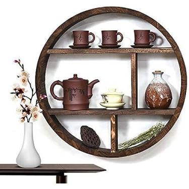 Imagem de Prateleira decorativa suspensa redonda, folhas flutuantes de madeira, design industrial chique gasto, 2 camadas, 58 cm